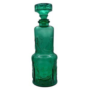 Vintage Green Glass Nautical Decanter Genie Bottle W/ Stopper Tall Sailing Ships